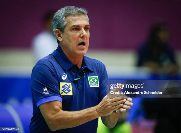 Jose Roberto Guimaraes of Brazil in action during the match against Serbia during the FIVB Volleyball Nations League 2018 at Jose Correa Gymnasium,...
