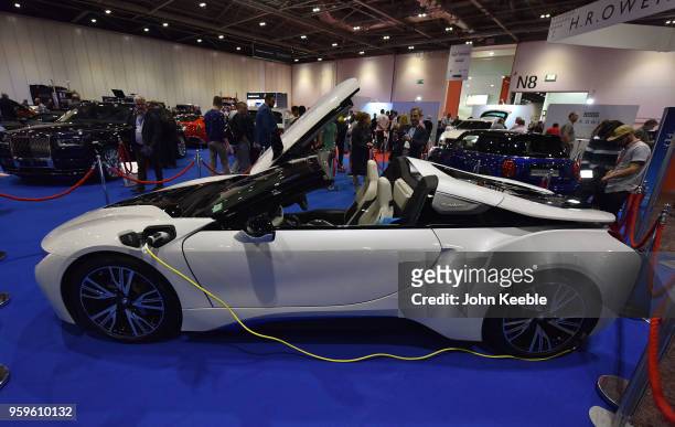Electric BMW i8 Roadster is displayed during the London Motor Show at ExCel on May 17, 2018 in London, England. The UK's largest automotive retail...