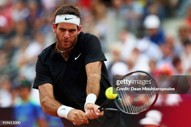 Juan Martin del Potro of Argentina returns a backhand in his match against David Goffin of Belgium during day 5 of the Internazionali BNL d'Italia...