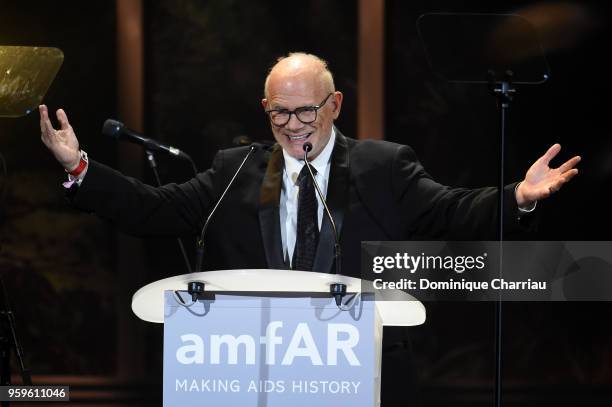 Board member Bill Roedy speaks on the stage at the amfAR Gala Cannes 2018 at Hotel du Cap-Eden-Roc on May 17, 2018 in Cap d'Antibes, France.