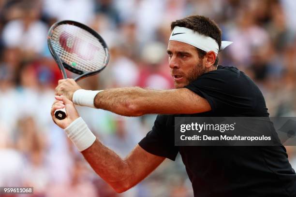Juan Martin del Potro of Argentina returns a backhand in his match against David Goffin of Belgium during day 5 of the Internazionali BNL d'Italia...