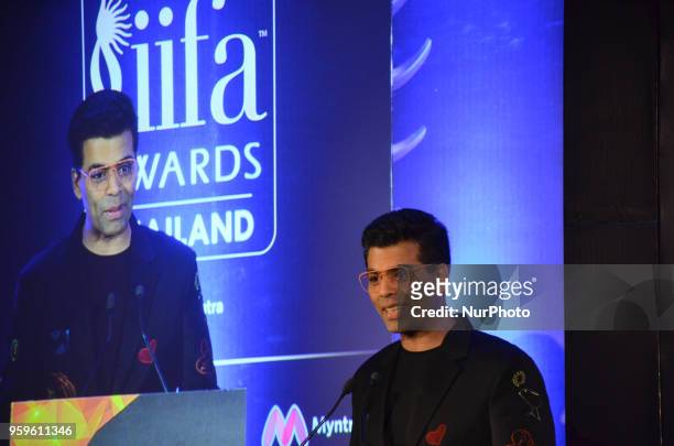 Bollywood movie director Karan Johar speaks at a press conference organized by Wizcraft to announce the 19th Edition of IIFA Weekend &amp; Awards...