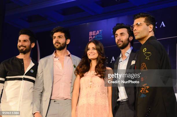 Bollywood movie stars Shahid Kapoor, Kartik Aaryan, Dia Mirza, Ranbir Kapoor and director Karan Johar pose for photographers after a press conference...
