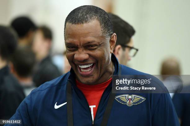 Head coach Alvin Gentry of the New Orleans Pelicans attends Day One of the NBA Draft Combine at Quest MultiSport Complex on May 17, 2018 in Chicago,...