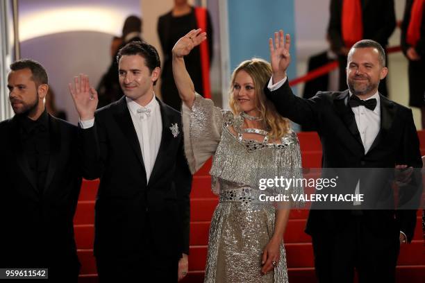 French music composer Anthony Gonzalez, French actor Nicolas Maury, French actress Vanessa Paradis and French director Yann Gonzalez wave as they...