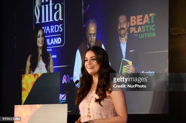 Bollywood movie actress Dia Mirza speaks during a press conference organized by Wizcraft to announce the 19th Edition of IIFA Weekend &amp; Awards...