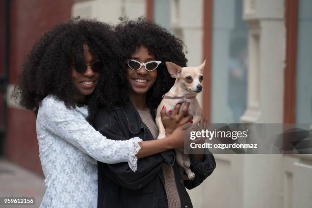 sorelle con il loro cane, new york - perfecto punk foto e immagini stock