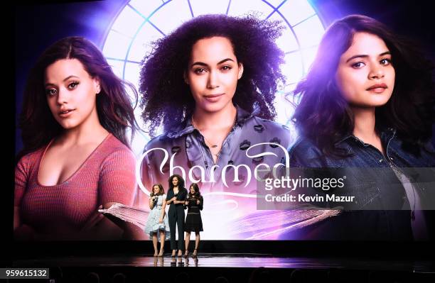 Sarah Jeffrey, Madeleine Mantock and Melonie Diaz of "Charmed" speak on stage during The CW Network's 2018 upfront at New York City Center on May 17,...