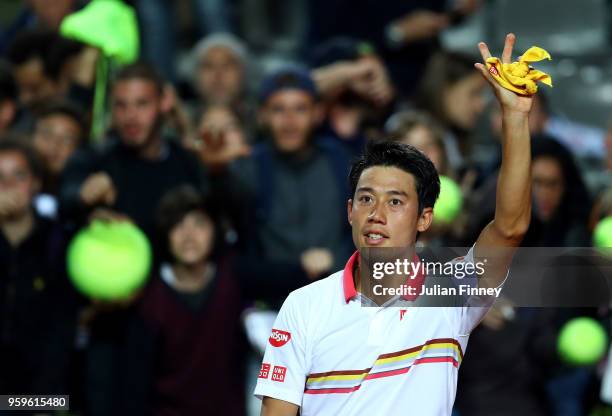 Kei Nishikori of Japan celebrates defeating Phillipp Kohlschreiber of Germany during day five of the Internazionali BNL d'Italia 2018 tennis at Foro...