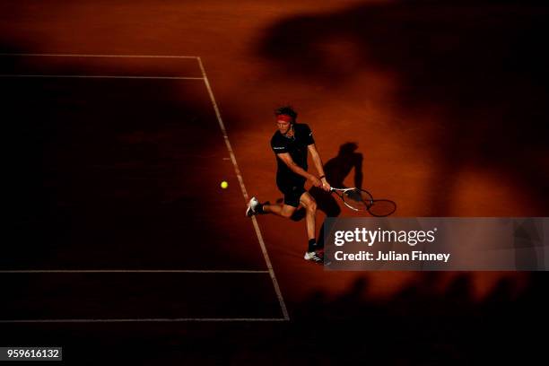 Alexander Zverev of Germany plays a backhand in his match against Kyle Edmund of Great Britain during day five of the Internazionali BNL d'Italia...