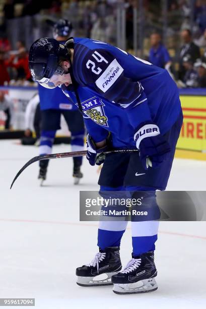 Kasperi Kapanen of Finland looks dejected after the 2018 IIHF Ice Hockey World Championship Quarter Final game between Finland and Switzerland at...