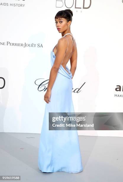 Laura Harrier arrives at the amfAR Gala Cannes 2018 at Hotel du Cap-Eden-Roc on May 17, 2018 in Cap d'Antibes, France.