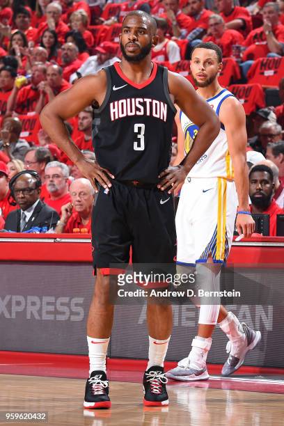 Chris Paul of the Houston Rockets looks on during Game Two of the Western Conference Finals of the 2018 NBA Playoffs on May 16, 2018 at the Toyota...