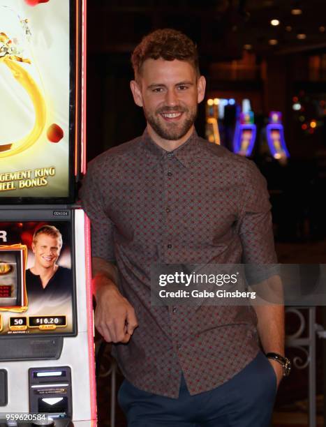 Television personality Nick Viall attends an unveiling of "The Bachelor" themed slot machine at the MGM Grand Hotel & Casino on May 17, 2018 in Las...