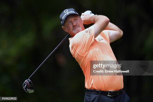 Jerry Kelly of the United States plays his tee shot on the sixth hole during the first round of the Regions Tradition on May 17, 2018 in Birmingham,...