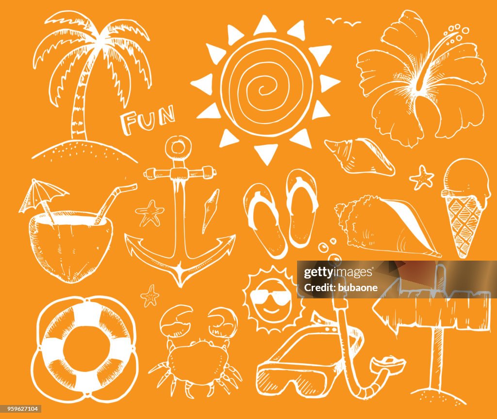 Strand en zomer Vector inkt Doodles op gele achtergrond