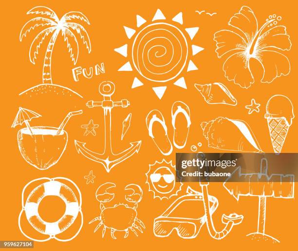 beach and summer vector ink doodles on yellow background - tropical beach sketch stock illustrations