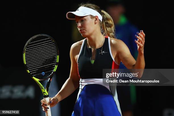 Caroline Wozniacki of Denmark reacts to a missed shot in her match against Anastasija Sevastova of Latvia during day 5 of the Internazionali BNL...