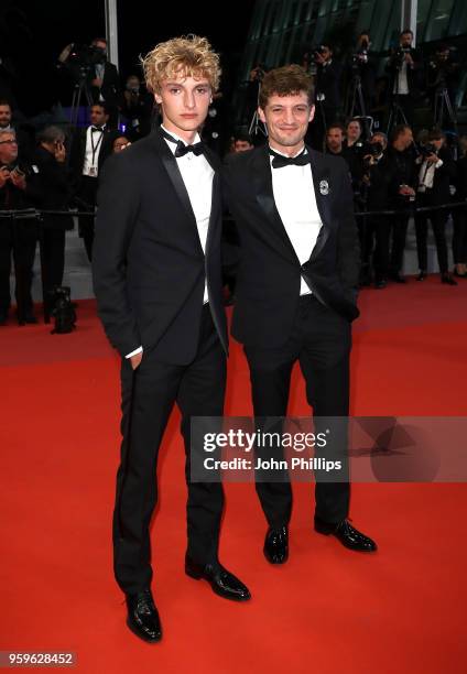 Vassili Schneider and Niels Schneider attend the screening of "Knife + Heart " during the 71st annual Cannes Film Festival at Palais des Festivals on...