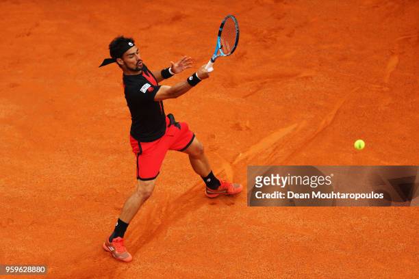 Fabio Fognini of Italy returns a forehand in his match against Peter Gojowczyk of Germany during day 5 of the Internazionali BNL d'Italia 2018 tennis...