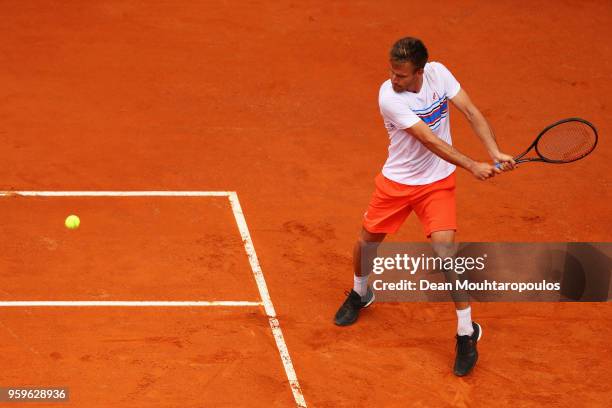 Peter Gojowczyk of Germany returns a backhand in his match against Fabio Fognini of Italy during day 5 of the Internazionali BNL d'Italia 2018 tennis...