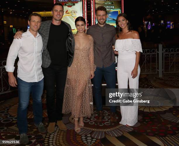 Television personalities Jake Pavelka, Ben Higgins, Ashley Iaconetti, Nick Viall and Becca Kufrin attend an unveiling of "The Bachelor" themed slot...