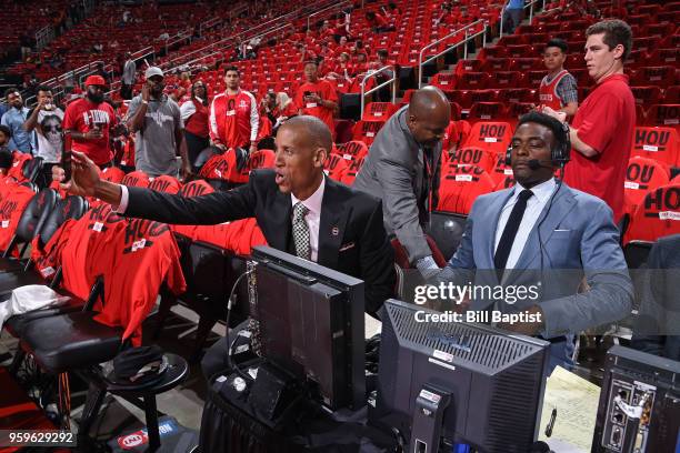 Reggie Miller and Chris Webber are photographed before the game between Houston Rockets and Golden State Warriors in Game Two of the Western...