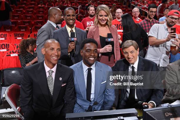 Reggie Miller, David Aldridge, Chris Webber, Kristen Ledlow ,and Marv Albert are photographed before the game between Houston Rockets and Golden...