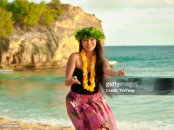 hawaiian hula-tänzerin auf den strand von kauai - hula stock-fotos und bilder