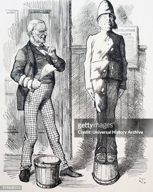 Cartoon depicting the Home Secretary, Robert Lowe whitewashing a corrupt police officer, after perjury allegations. Dated 19th Century.