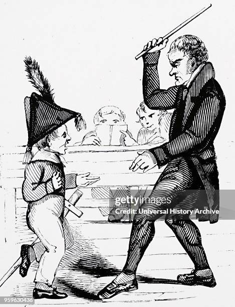 Illustration depicting a schoolmaster administrating corporal punishment. Dated 19th Century.