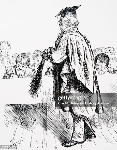 Illustration depicting a schoolmaster administrating corporal punishment. Dated 19th Century.