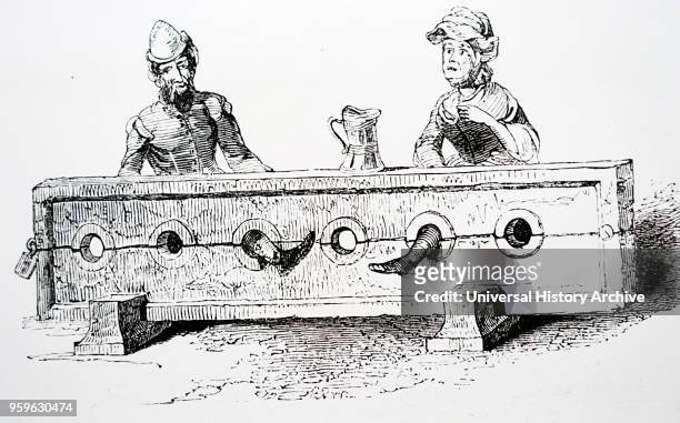 Engraving depicting a man and woman in stocks. Dated 15th Century.
