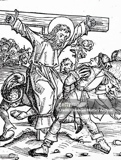 Woodcut depicting the martyrdom of the Apostle Philip by crucifixion and stoning. Dated 15th Century.