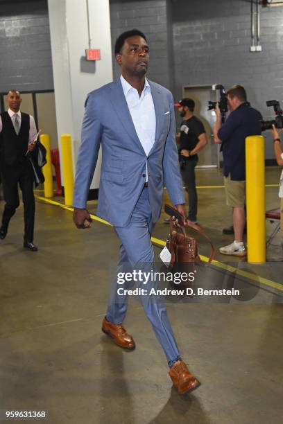 Chris Webber arrives at the stadium before the game between Houston Rockets and Golden State Warriors during Game Two of the Western Conference...