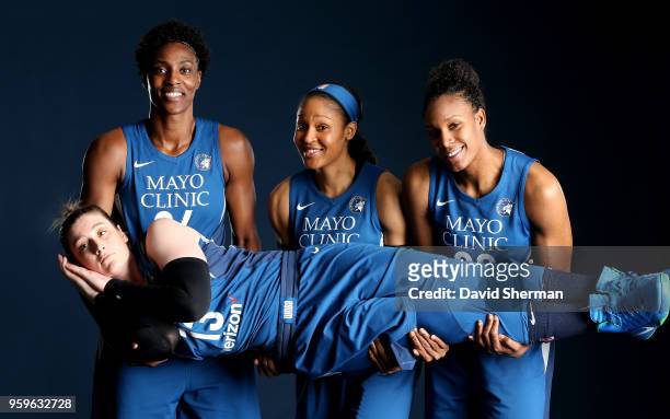 May 16: Sylvia Fowles, Lindsay Whalen, Maya Moore, and Rebekkah Brunson of the Minnesota Lynx pose for portraits during 2018 Media Day on May 16,...