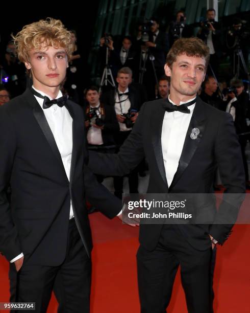 Vassili Schneider and Niels Schneider attend the screening of "Knife + Heart " during the 71st annual Cannes Film Festival at Palais des Festivals on...