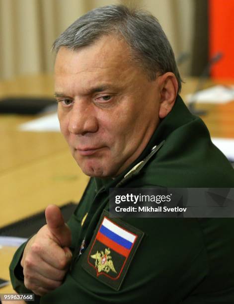 Russian Deputy Defense Minster Yuri Borisov attends a meeting with high-ranked officers, defense and military officials at Bocharov ruchey State...