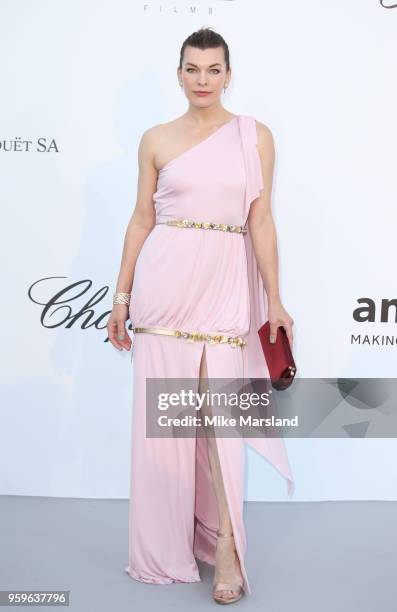 Milla Jovovich arrives at the amfAR Gala Cannes 2018 at Hotel du Cap-Eden-Roc on May 17, 2018 in Cap d'Antibes, France.