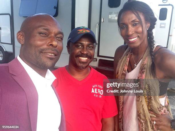 April 11: Actor Jimmy Jean-Louis, Johnny Louis and Lisa Leslie on the set of TNT Season 2 television series "Claws" at Crandon Park Beach-North on...