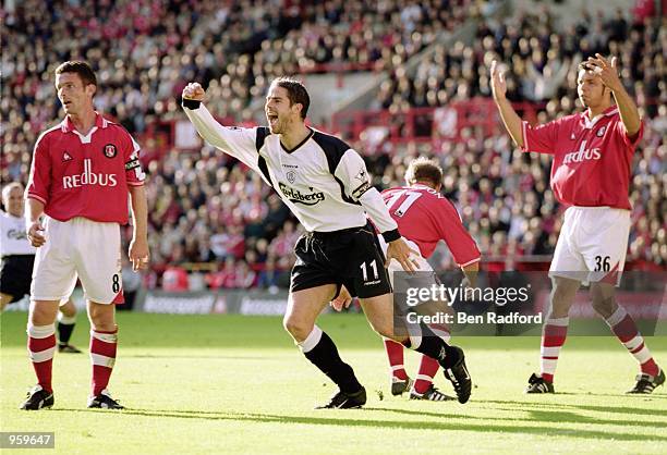 Jamie Redkanpp of Liverpool celebrates his goal during the FA Barclaycard Premiership match between Charlton Athletic and Liverpool at the Valley in...