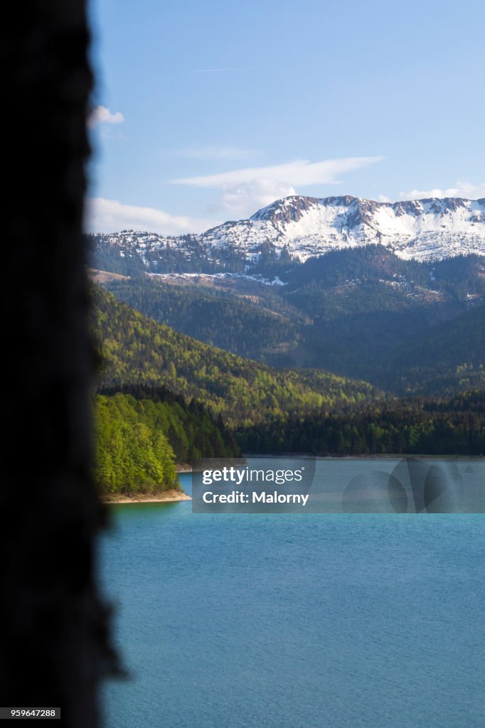 View over lake Sylvenstein to the Alps. Karwendel mountain range. Germany, Bavaria, Lake Sylvenstein