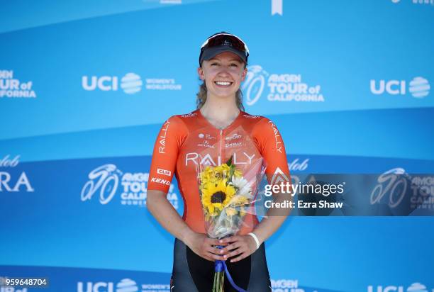 Emma White of the United States riding for Rally Cycling stands on the podium after finishing in second place for Stage 1 of the Amgen Tour of...