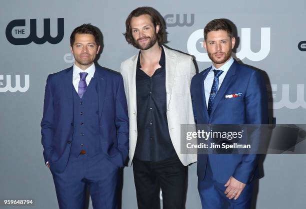 Actors Misha Collins, Jared Padalecki and Jensen Ackles attend the 2018 CW Network Upfront at The London Hotel on May 17, 2018 in New York City.