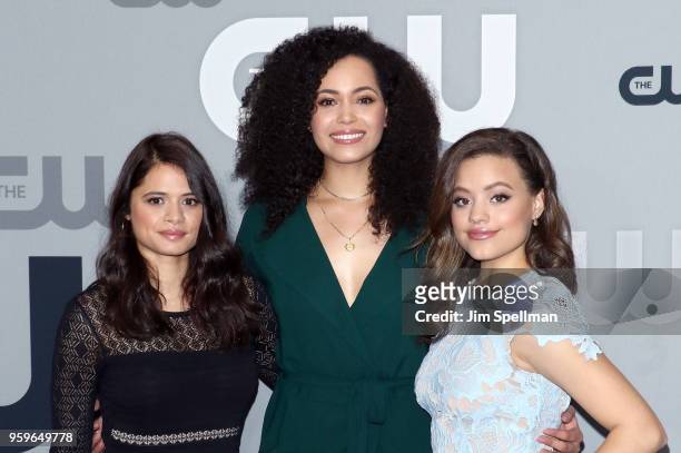 Actresses Melonie Diaz, Madeleine Mantock and Sarah Jeffery attends the 2018 CW Network Upfront at The London Hotel on May 17, 2018 in New York City.