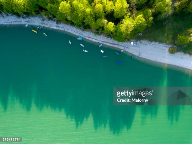 aerial view on turquoise lake sylvenstein and forest on the bay. germany, bavaria, lake sylvenstein - sylvenstein lake bildbanksfoton och bilder