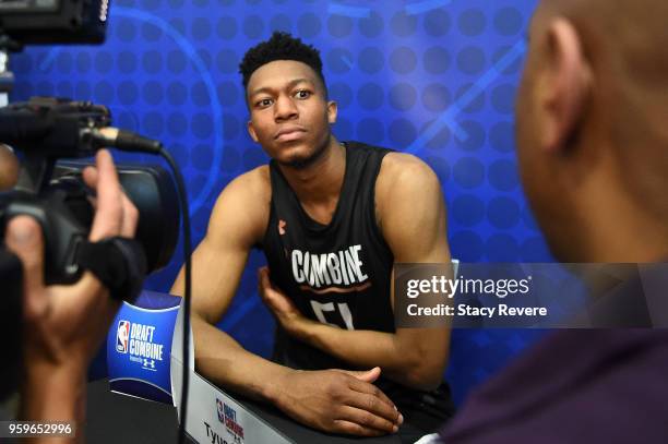 Tyus Battle speaks with reporters during Day One of the NBA Draft Combine at Quest MultiSport Complex on May 17, 2018 in Chicago, Illinois. NOTE TO...