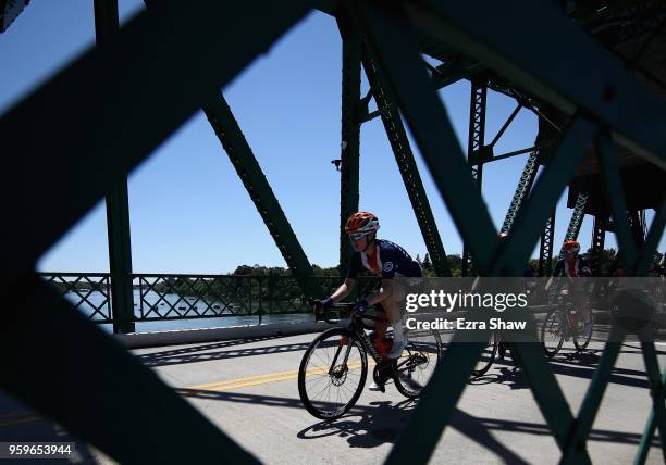 Megan Guarnier of the United States riding for USA Cycling National Team rides over a bridge during Stage 1 of the Amgen Tour of California Women's...