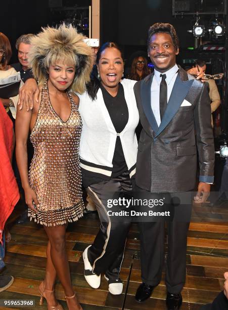 Adrienne Warren, Oprah Winfrey and Kobna Holdbrook-Smith pose backstage at the West End production of "Tina: The Tina Turner Musical" at Aldwych...