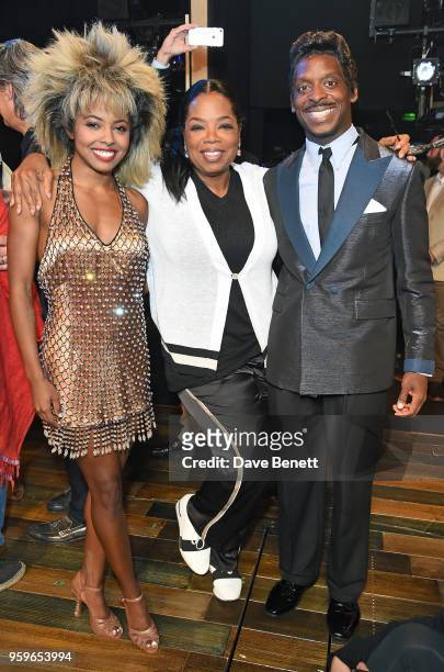 Adrienne Warren, Oprah Winfrey and Kobna Holdbrook-Smith pose backstage at the West End production of "Tina: The Tina Turner Musical" at Aldwych...